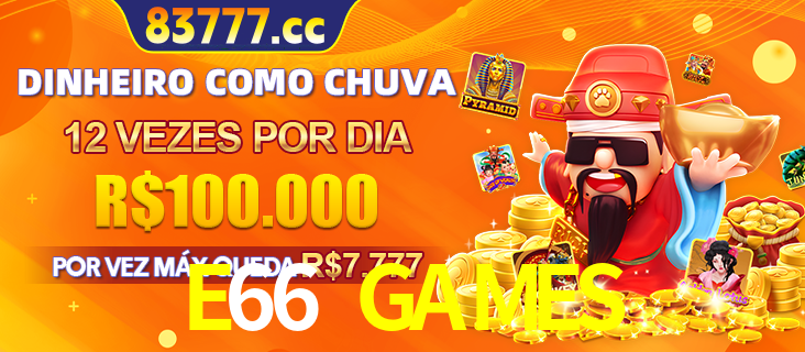 Banner do programa de recompensas Recomende para amigos do E66 GAMES, detalhando os bônus por convidar amigos, com prêmios que chegam a R$288.888.