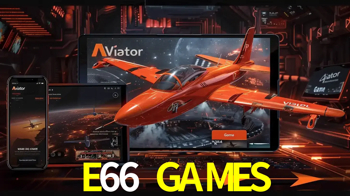 Apresentação tecnológica do jogo Aviator com um avião saindo da tela de um tablet, demonstrando a experiência imersiva em múltiplos dispositivos no E66 GAMES.