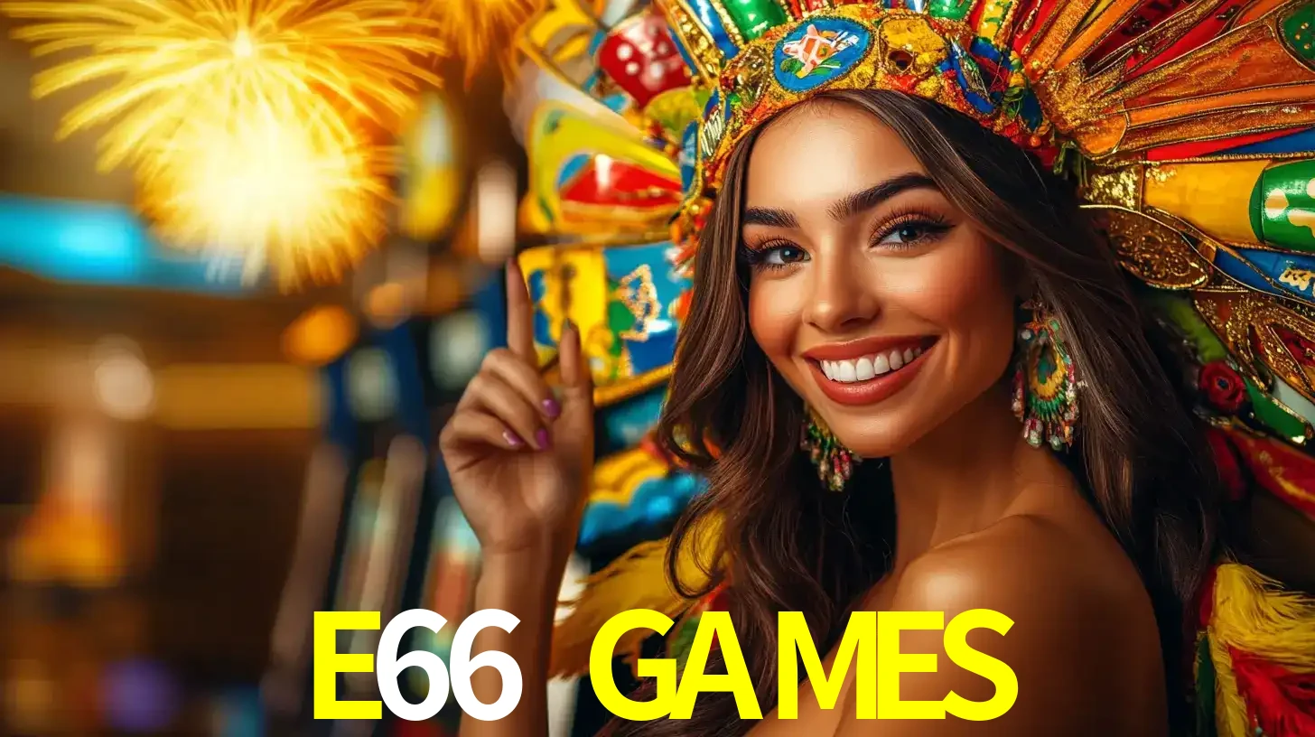 Mulher sorridente com um cocar de carnaval vibrante e colorido, celebrando uma grande vitória nos jogos do cassino E66 GAMES com fogos de artifício ao fundo.