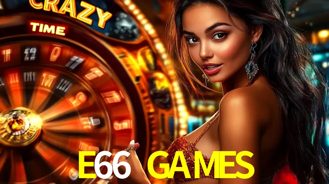 Mulher ao lado da roda de prêmios do jogo de cassino ao vivo Crazy Time, um dos shows de jogos mais emocionantes oferecidos pela plataforma de apostas E66 GAMES.