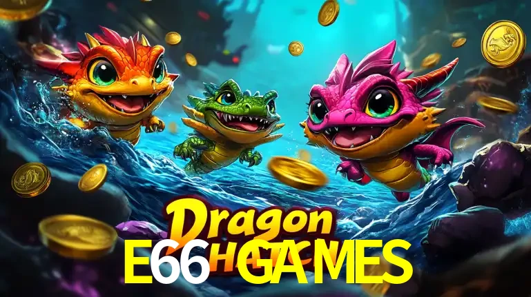 Arte promocional do jogo Dragon Hatch com três adoráveis dragões bebês nadando entre moedas de ouro, um dos slots mais divertidos para jogar no cassino E66 GAMES.