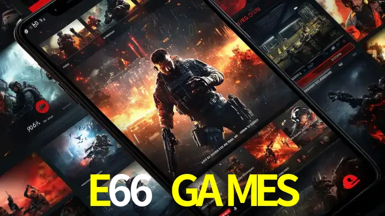 Tela de um celular exibindo uma galeria de jogos de tiro com temática militar, mostrando a variedade de e-sports disponíveis para apostas na plataforma de entretenimento E66 GAMES.