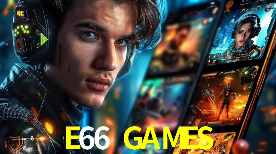 Jovem jogador com fones de ouvido olhando para a câmera, com um aplicativo de jogos e e-sports para celular ao fundo, pronto para a competição e apostas no E66 GAMES.