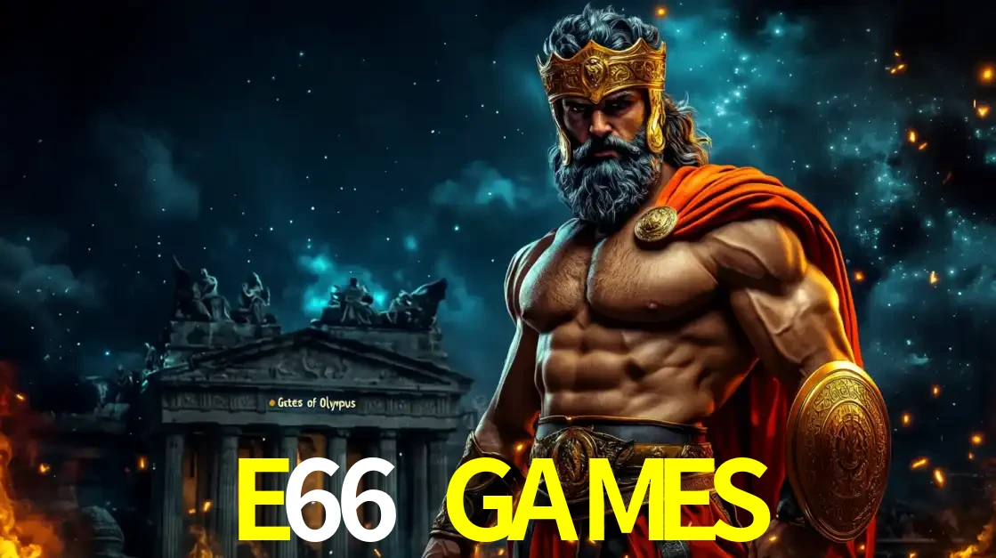 O poderoso Zeus do jogo de slot Gates of Olympus em frente ao seu templo, pronto para lançar multiplicadores divinos e prêmios épicos no cassino online E66 GAMES.