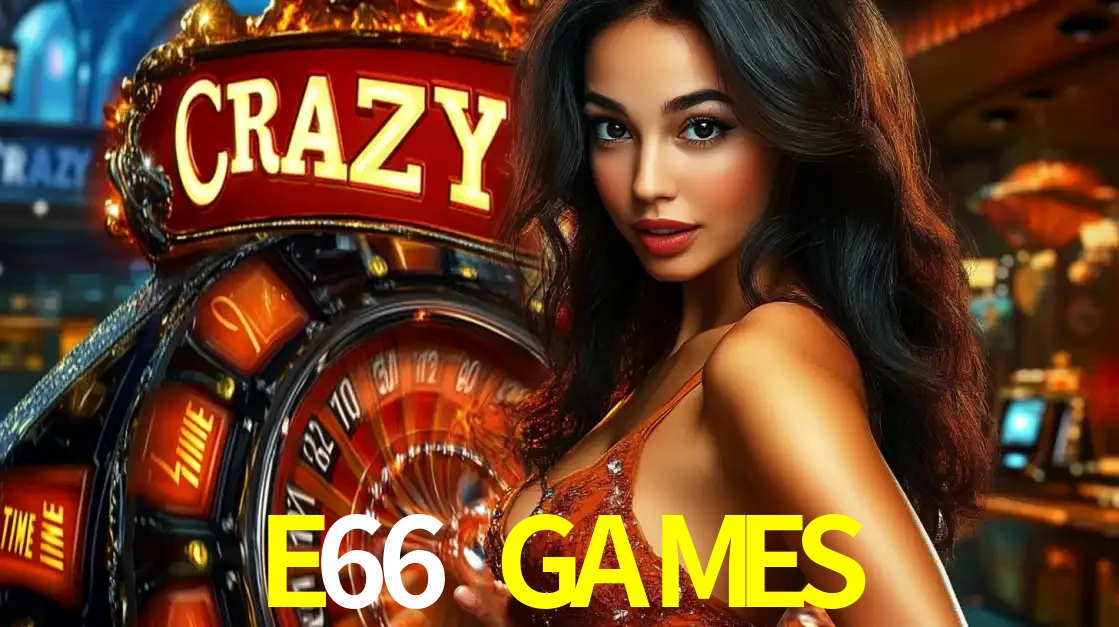 Mulher glamourosa olhando para a câmera com a roda vermelha do Crazy Time ao fundo em um ambiente de cassino, destacando a emoção dos jogos ao vivo no E66 GAMES.