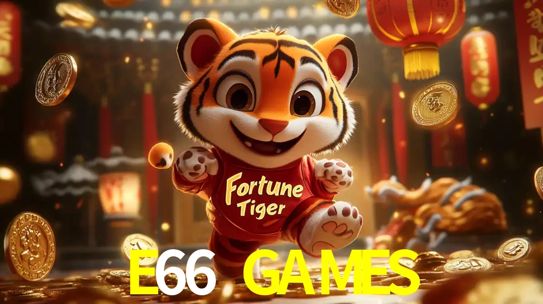 O alegre personagem do Fortune Tiger correndo sobre um caminho de moedas de ouro, simbolizando os grandes prêmios e a diversão do popular jogo de slot do E66 GAMES.