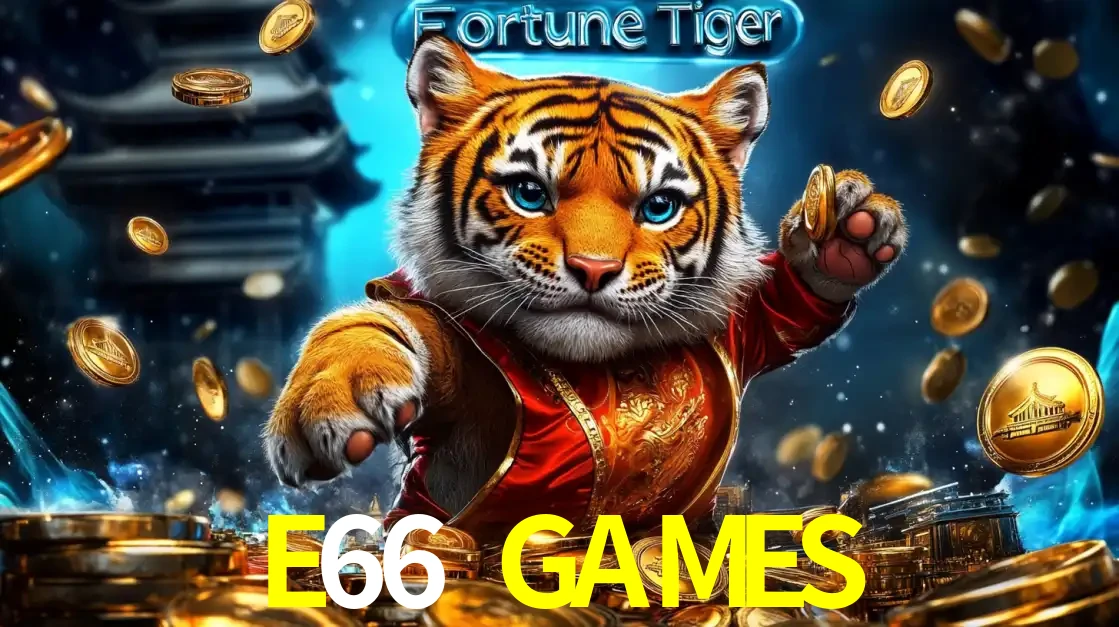 Imagem promocional do jogo de slot Fortune Tiger, com um tigre majestoso em traje tradicional cercado por uma fortuna em moedas de ouro, disponível agora no cassino E66 GAMES.