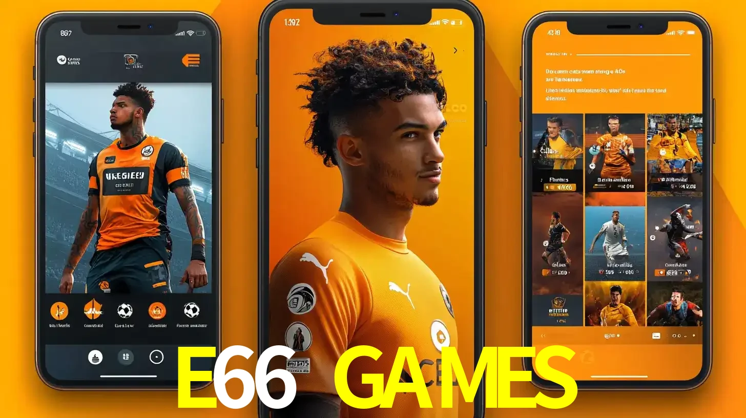 Interface do aplicativo de apostas esportivas E66 GAMES em três telas de celular, mostrando o perfil de um jogador de futebol e a lista de jogos disponíveis para apostar.