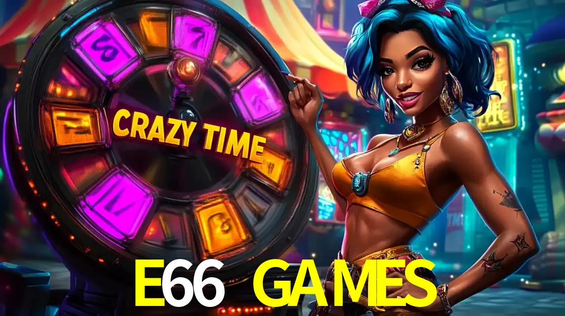 Mulher estilizada com cabelo azul e visual vibrante posando ao lado da roda de prêmios do game show Crazy Time, convidando para a diversão e os bônus do cassino E66 GAMES.