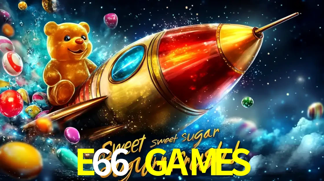 Arte promocional do jogo de slot Sugar Rush, com um urso de pelúcia em um foguete viajando pelo espaço de doces, um dos jogos divertidos disponíveis no cassino E66 GAMES.