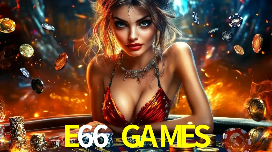 Mulher em uma mesa de cassino com pilhas de fichas e um fundo de fogo, pronta para uma rodada de altas apostas nos jogos de mesa emocionantes do cassino E66 GAMES.