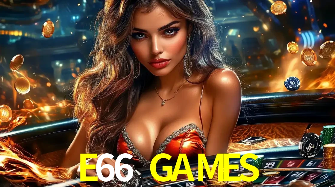 Mulher glamourosa em uma mesa de roleta com um fundo de chamas e moedas voadoras, pronta para fazer sua aposta e ganhar grandes prêmios no cassino ao vivo E66 GAMES.