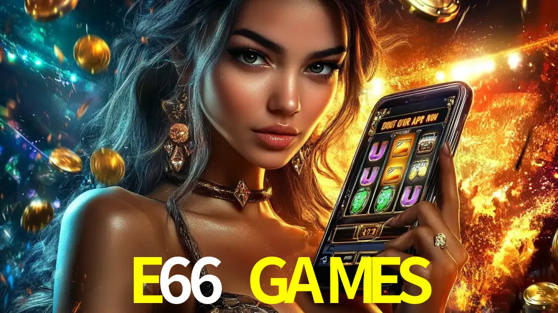 Mulher elegante mostrando um jogo de caça-níqueis em seu smartphone, destacando a experiência de cassino móvel oferecida pelo aplicativo E66 GAMES.