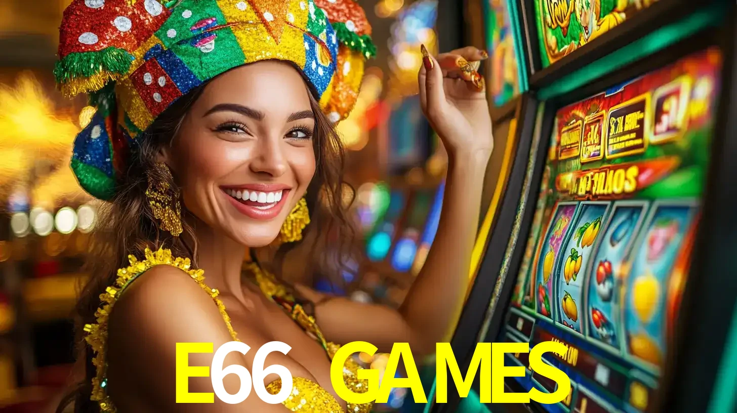 Mulher feliz com traje de carnaval amarelo e colorido ao lado de uma máquina de caça-níqueis, aproveitando a diversão e os jogos temáticos do cassino E66 GAMES.