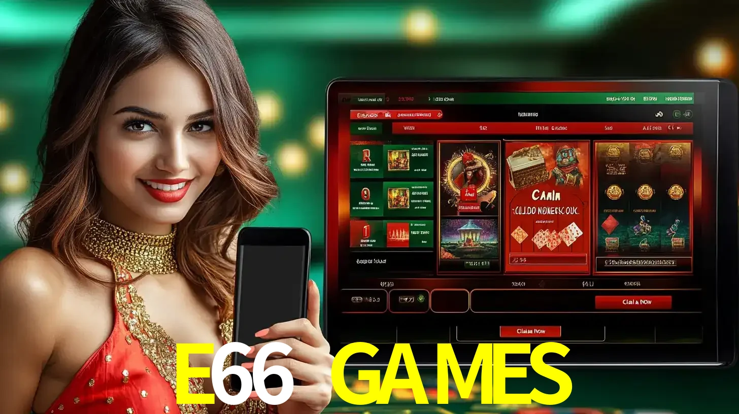 Mulher sorridente segurando um smartphone, ao lado de uma tela exibindo o lobby de jogos do cassino online E66 GAMES, com várias opções de jogos de cartas e slots.